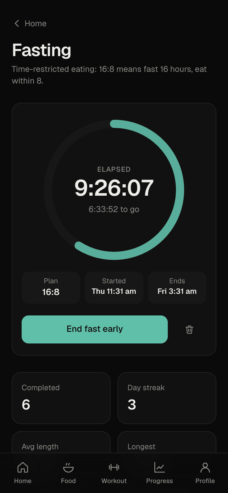 Fasting timer: a 16:8 fast at 9 hours 26 minutes with a progress ring, start and end times